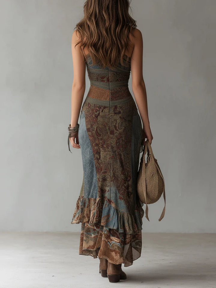 Bella | Long, one-shoulder dress with an ethnic print and a high slit