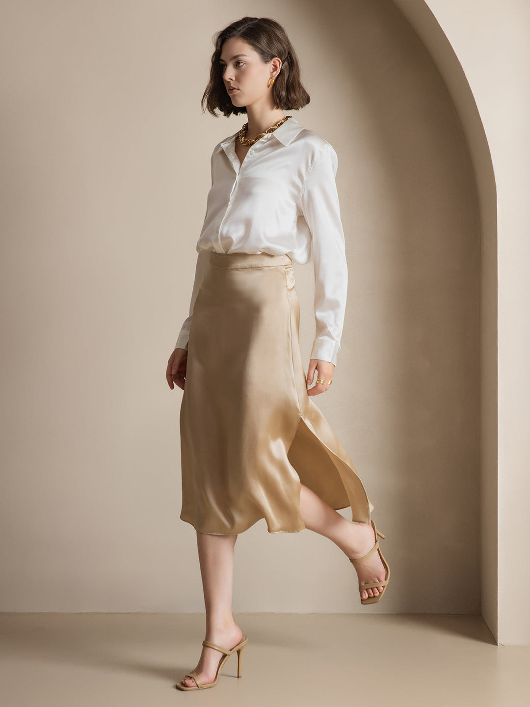 19Momme Soie Basique Col Militaire Chemise