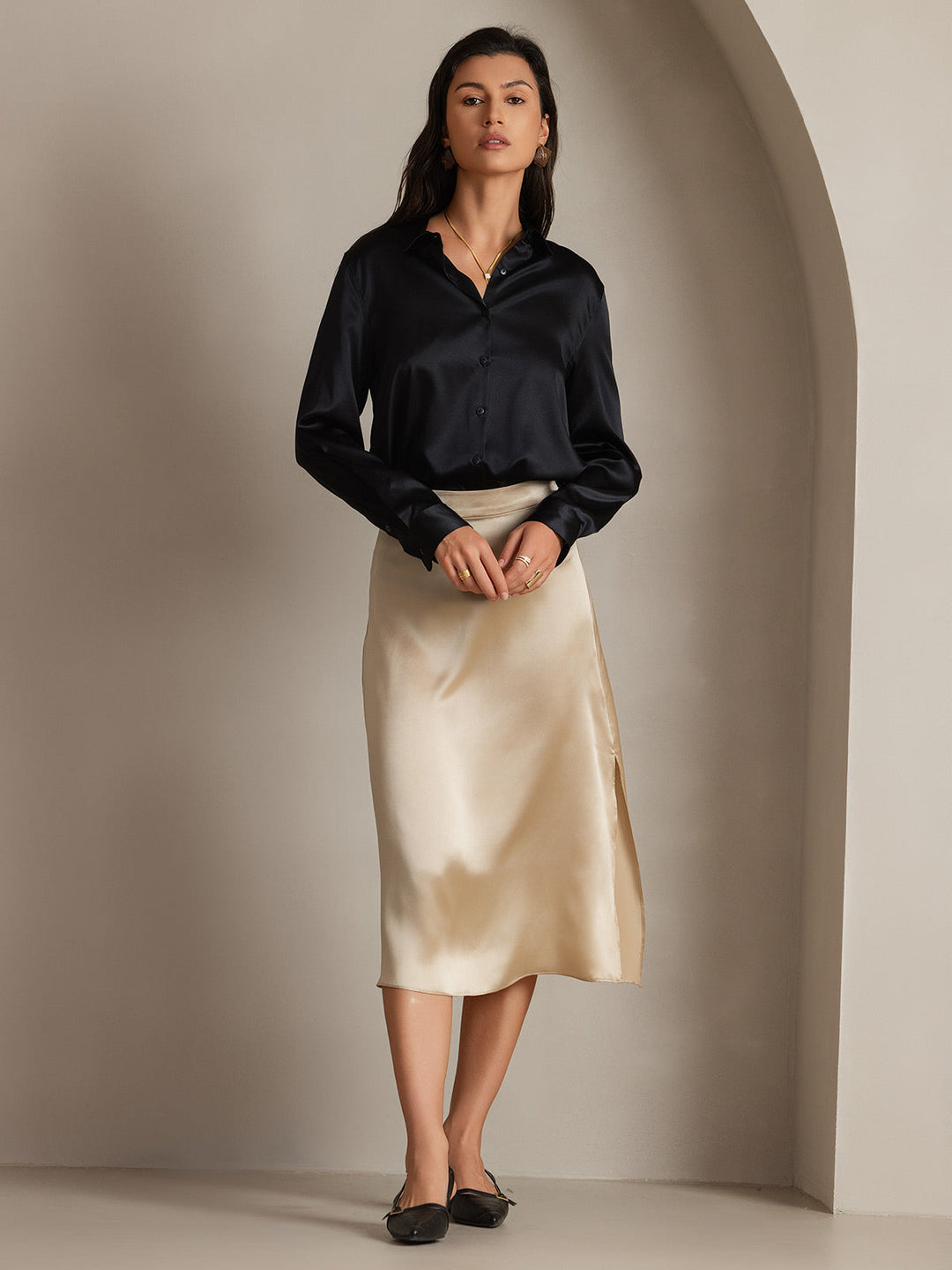 19Momme Soie Basique Col Militaire Chemise