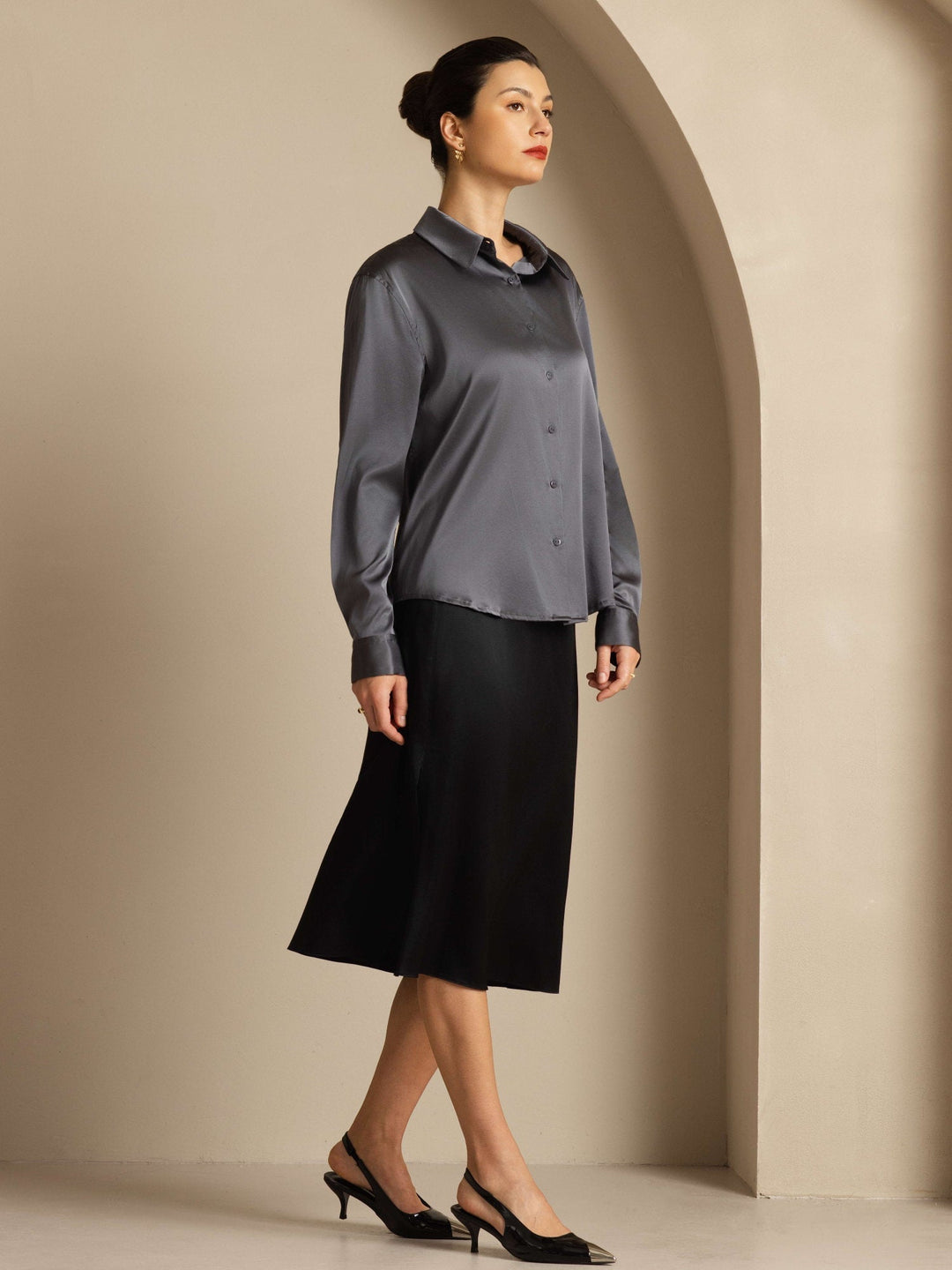 19Momme Soie Basique Col Militaire Chemise