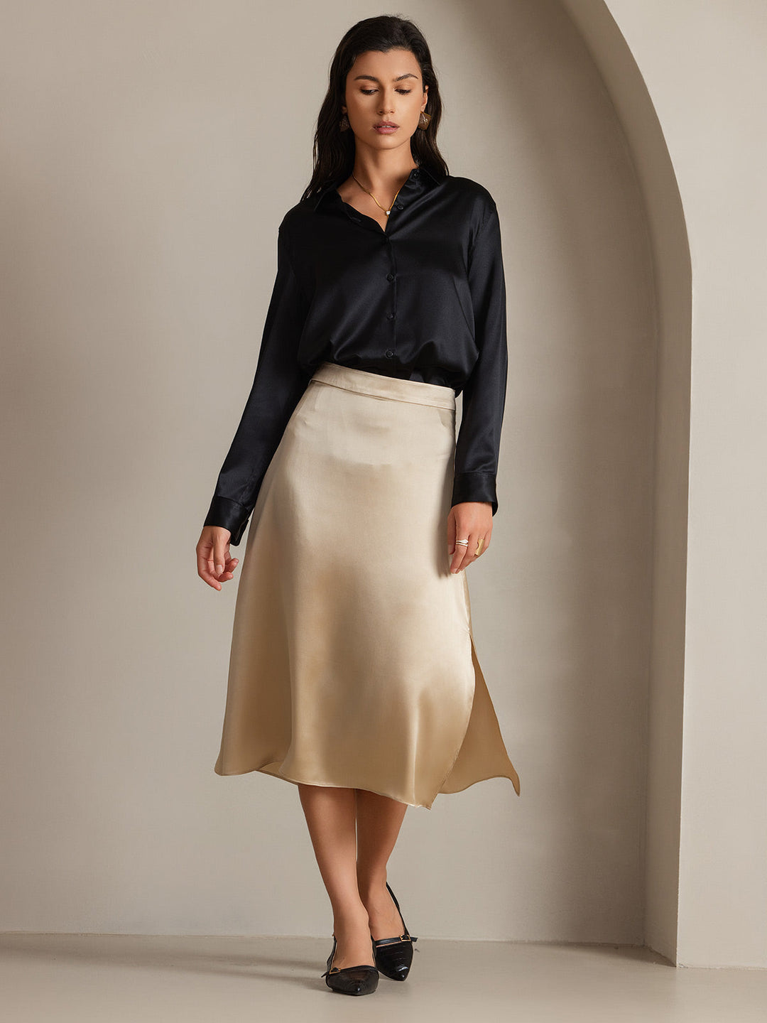 19Momme Soie Basique Col Militaire Chemise