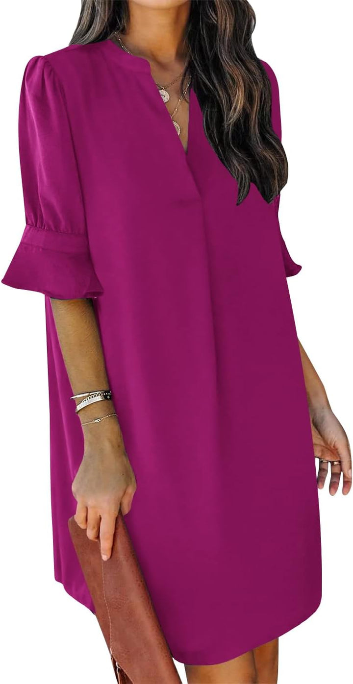 QACOHU Vestidos de verano para mujer, cuello en V, volantes, manga corta, vestido casual de estilo camisero