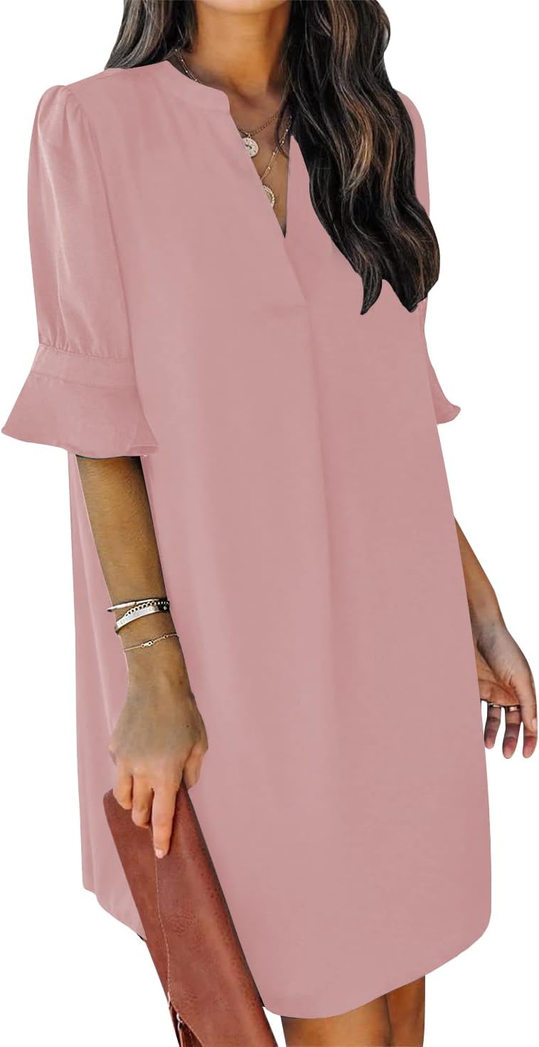QACOHU Vestidos de verano para mujer, cuello en V, volantes, manga corta, vestido casual de estilo camisero