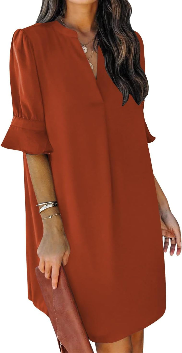 QACOHU Vestidos de verano para mujer, cuello en V, volantes, manga corta, vestido casual de estilo camisero