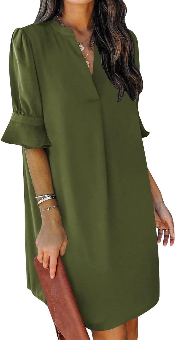 QACOHU Vestidos de verano para mujer, cuello en V, volantes, manga corta, vestido casual de estilo camisero
