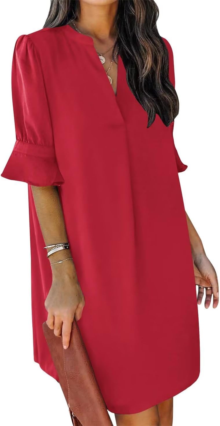 QACOHU Vestidos de verano para mujer, cuello en V, volantes, manga corta, vestido casual de estilo camisero