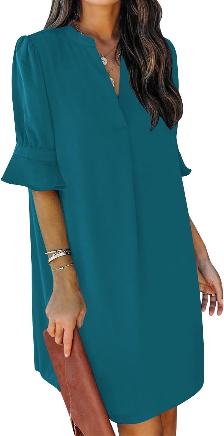 QACOHU Vestidos de verano para mujer, cuello en V, volantes, manga corta, vestido casual de estilo camisero