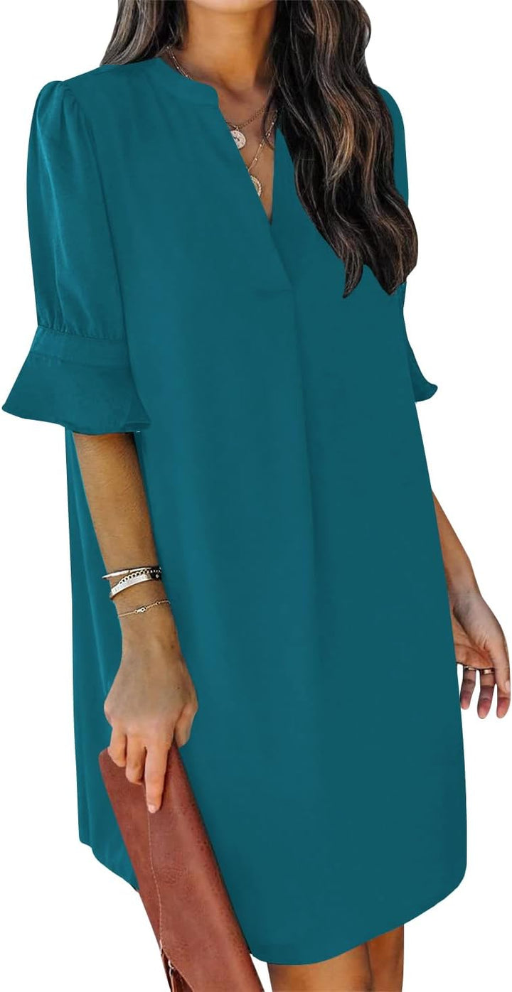 QACOHU Vestidos de verano para mujer, cuello en V, volantes, manga corta, vestido casual de estilo camisero