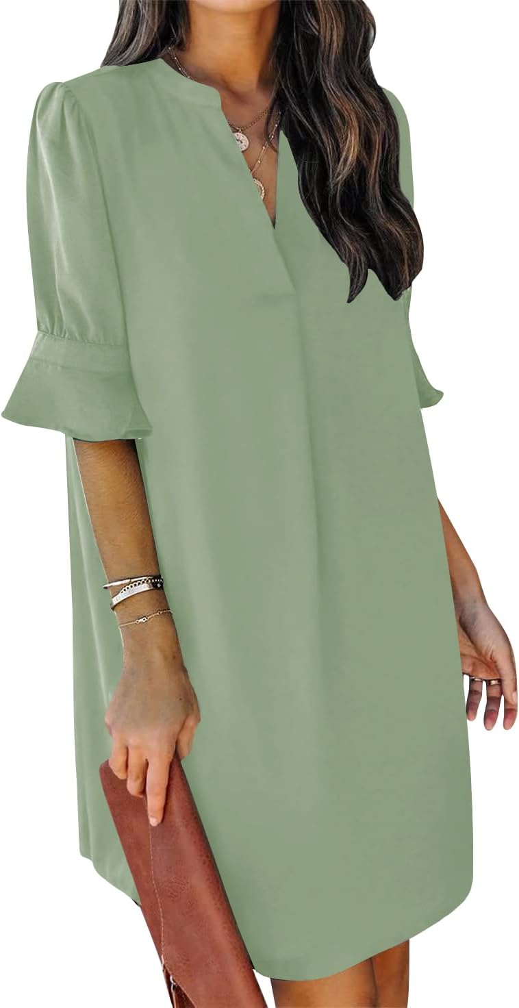 QACOHU Vestidos de verano para mujer, cuello en V, volantes, manga corta, vestido casual de estilo camisero