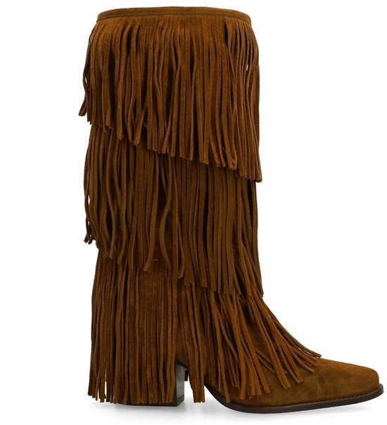 Sacha - Dames - Cognac suède cowboylaarzen met franjes - Maat 39