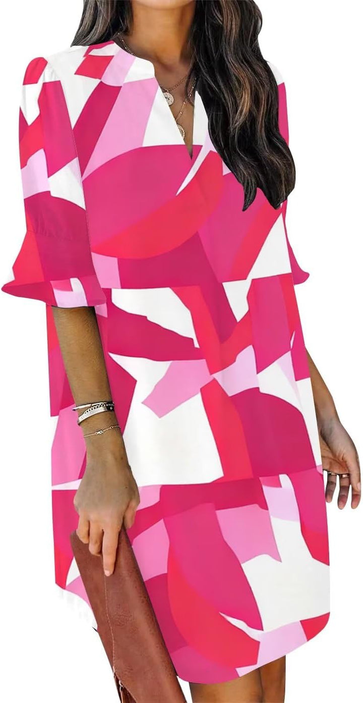 QACOHU Vestidos de verano para mujer, cuello en V, volantes, manga corta, vestido casual de estilo camisero