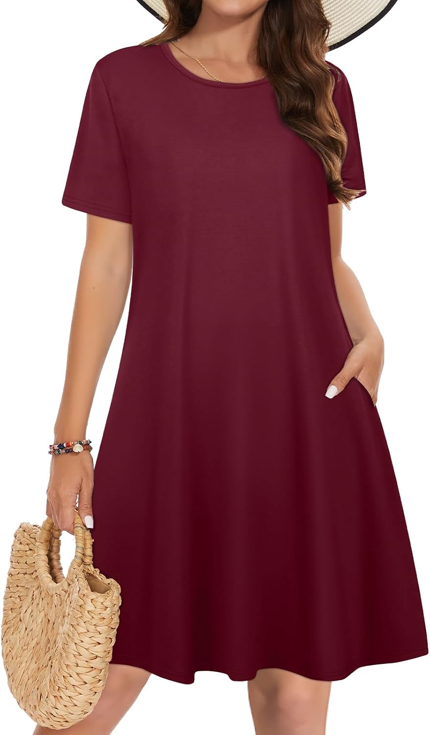 Vestidos de verano para mujeres casuales, camiseta de manga corta floral, vestido de sol de playa, cubiertas de playa con bolsillos