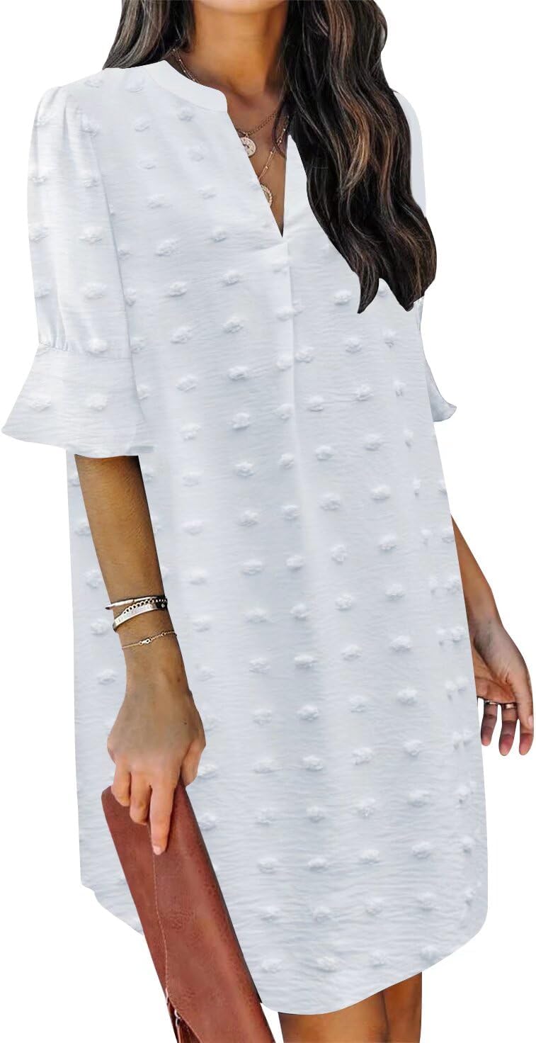 QACOHU Vestidos de verano para mujer, cuello en V, volantes, manga corta, vestido casual de estilo camisero