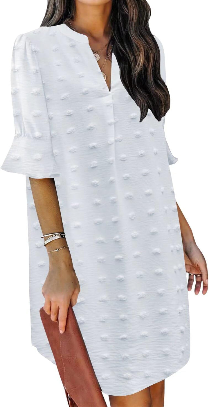 QACOHU Vestidos de verano para mujer, cuello en V, volantes, manga corta, vestido casual de estilo camisero