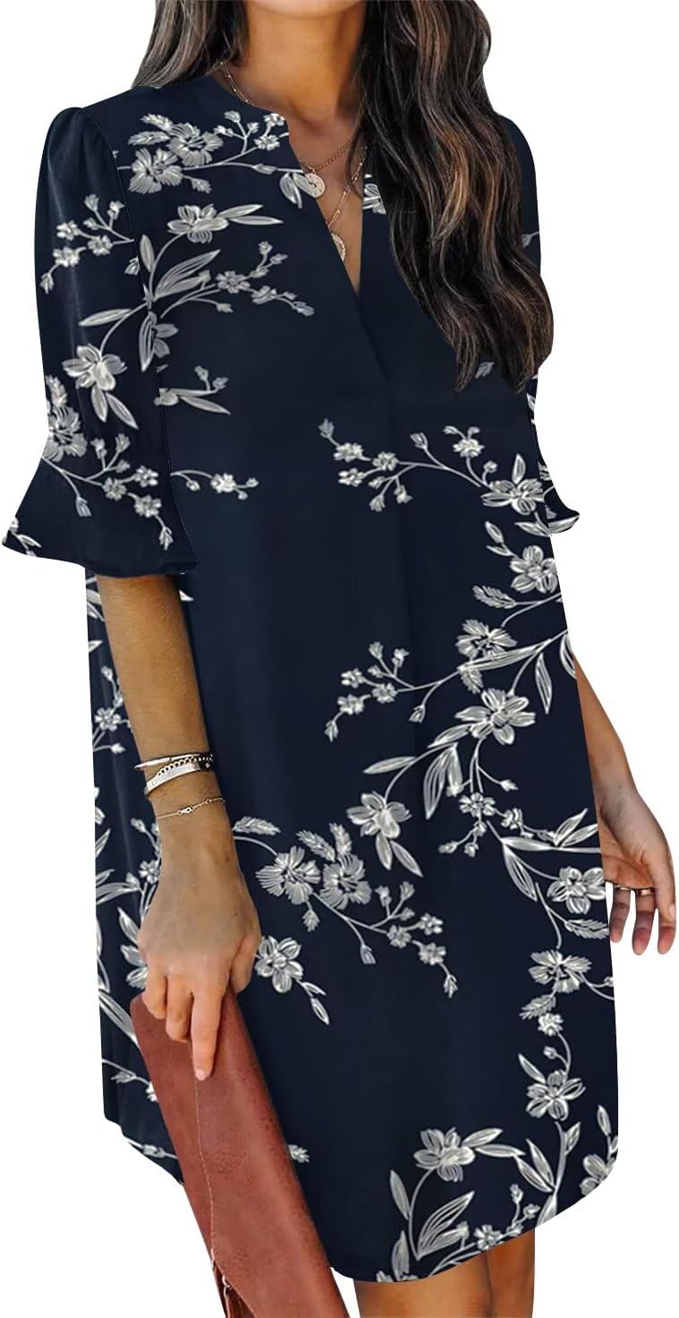 QACOHU Vestidos de verano para mujer, cuello en V, volantes, manga corta, vestido casual de estilo camisero