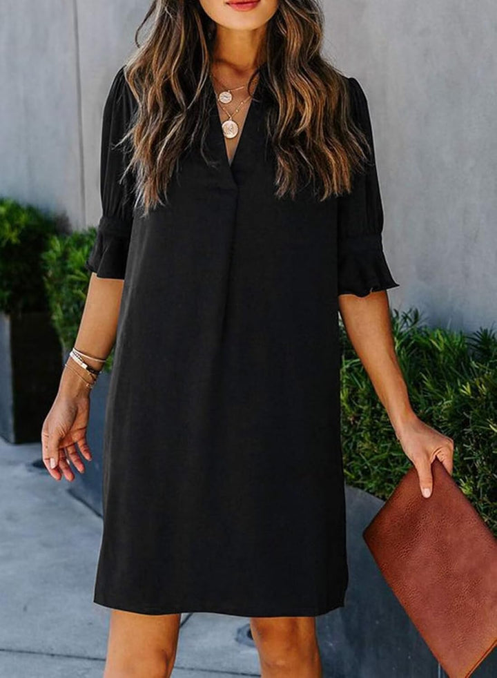 QACOHU Vestidos de verano para mujer, cuello en V, volantes, manga corta, vestido casual de estilo camisero