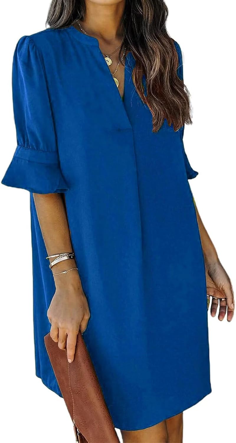 QACOHU Vestidos de verano para mujer, cuello en V, volantes, manga corta, vestido casual de estilo camisero