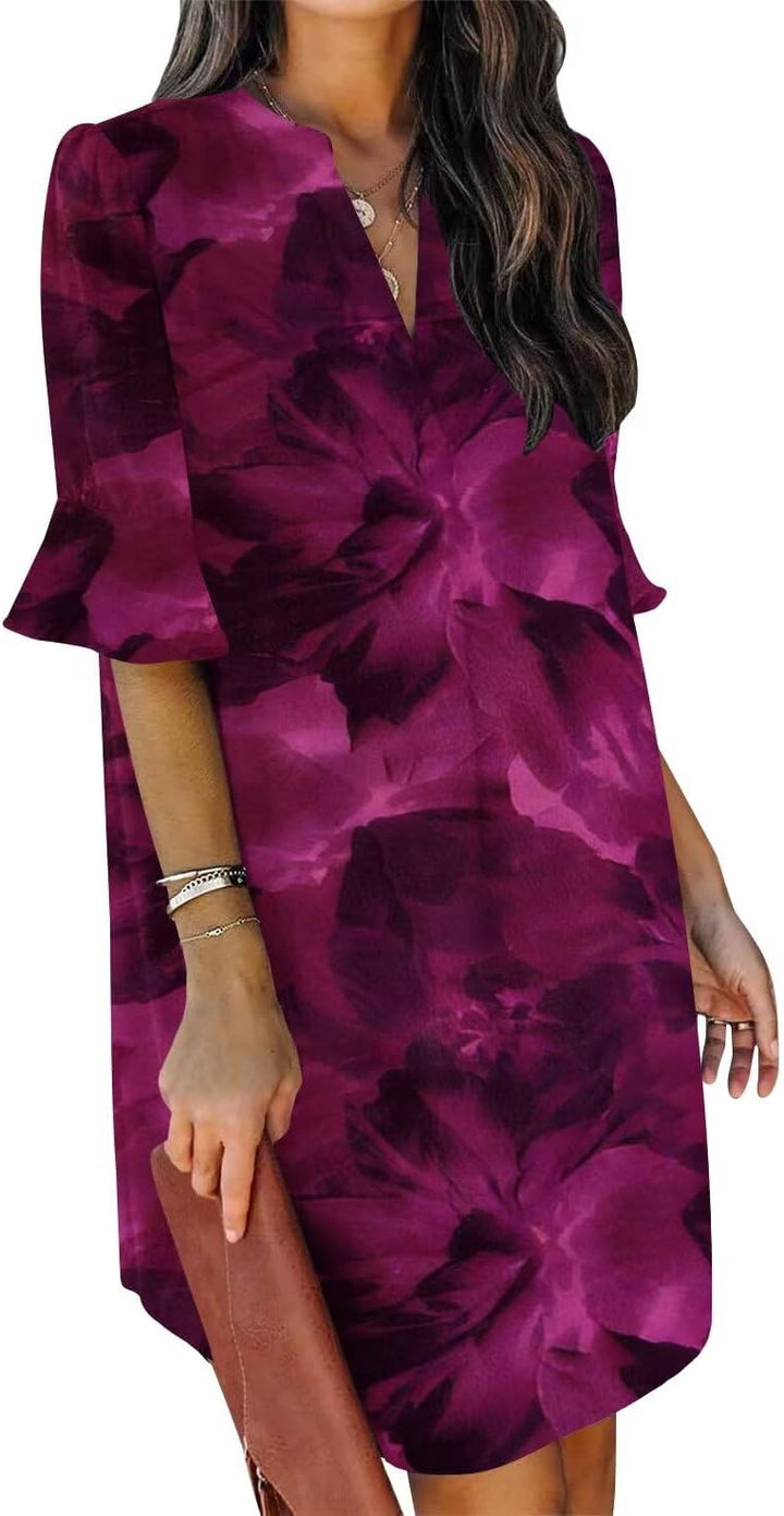 QACOHU Vestidos de verano para mujer, cuello en V, volantes, manga corta, vestido casual de estilo camisero
