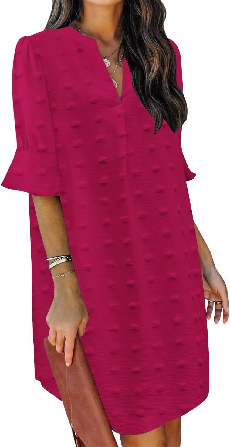 QACOHU Vestidos de verano para mujer, cuello en V, volantes, manga corta, vestido casual de estilo camisero