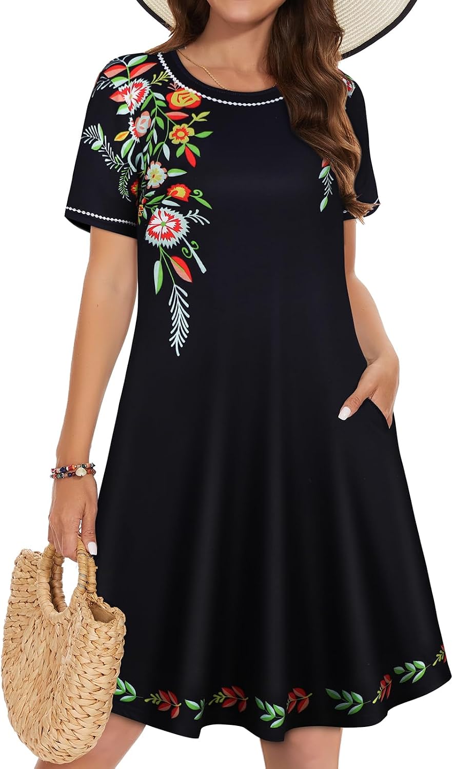 Vestidos de verano para mujeres casuales, camiseta de manga corta floral, vestido de sol de playa, cubiertas de playa con bolsillos