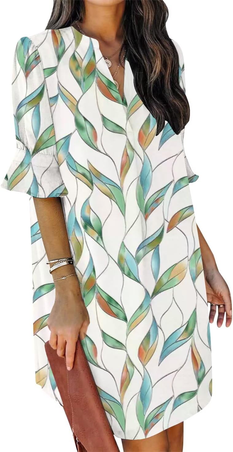 QACOHU Vestidos de verano para mujer, cuello en V, volantes, manga corta, vestido casual de estilo camisero