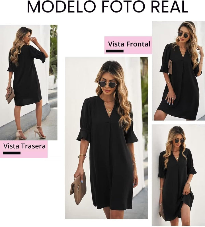 QACOHU Vestidos de verano para mujer, cuello en V, volantes, manga corta, vestido casual de estilo camisero