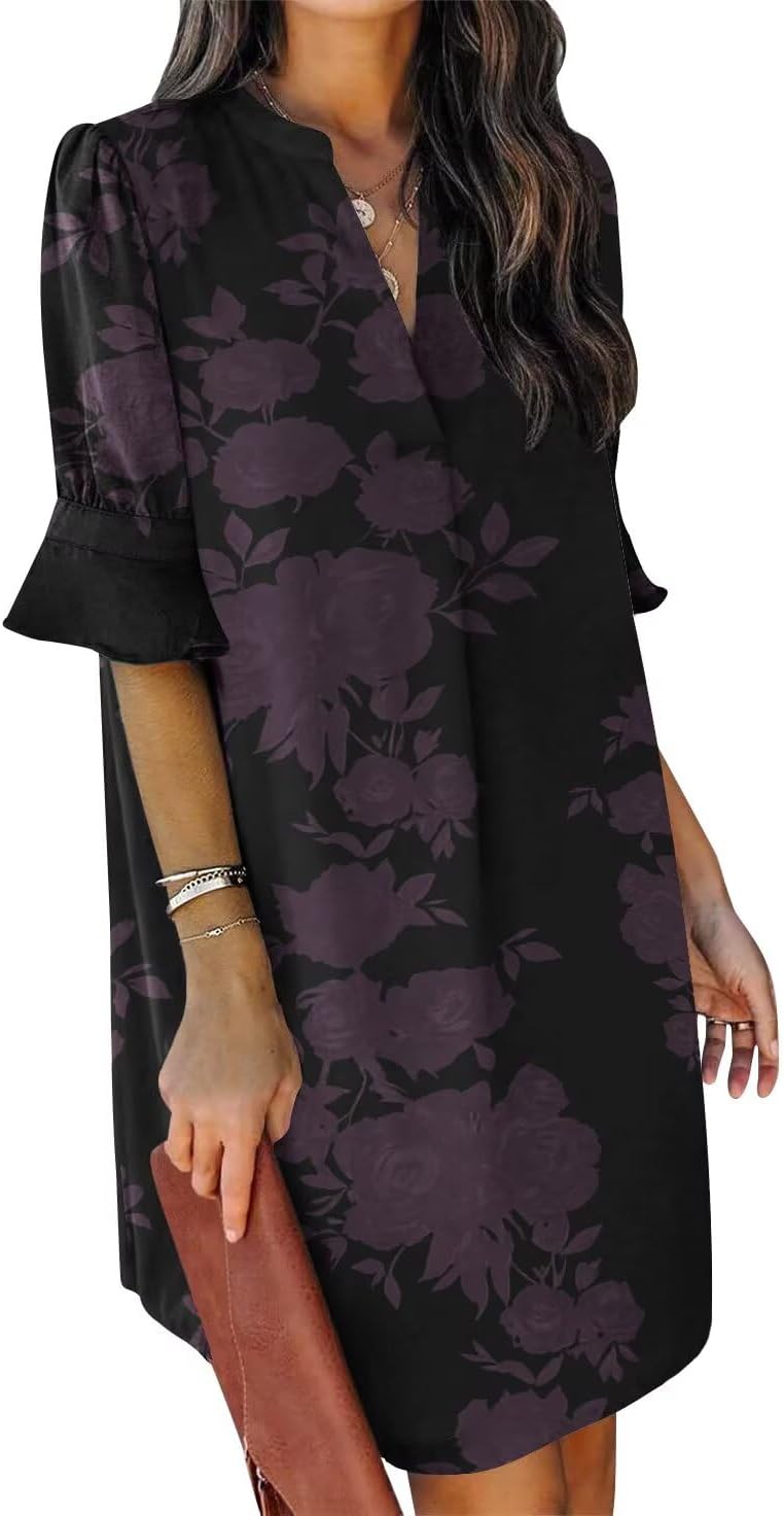 QACOHU Vestidos de verano para mujer, cuello en V, volantes, manga corta, vestido casual de estilo camisero