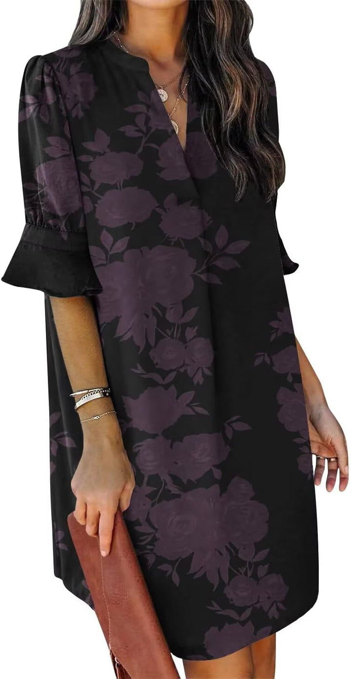QACOHU Vestidos de verano para mujer, cuello en V, volantes, manga corta, vestido casual de estilo camisero