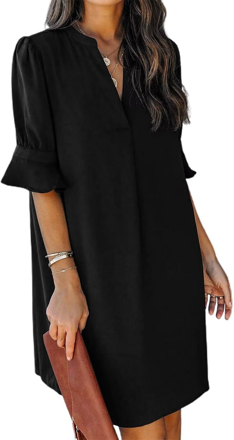 QACOHU Vestidos de verano para mujer, cuello en V, volantes, manga corta, vestido casual de estilo camisero