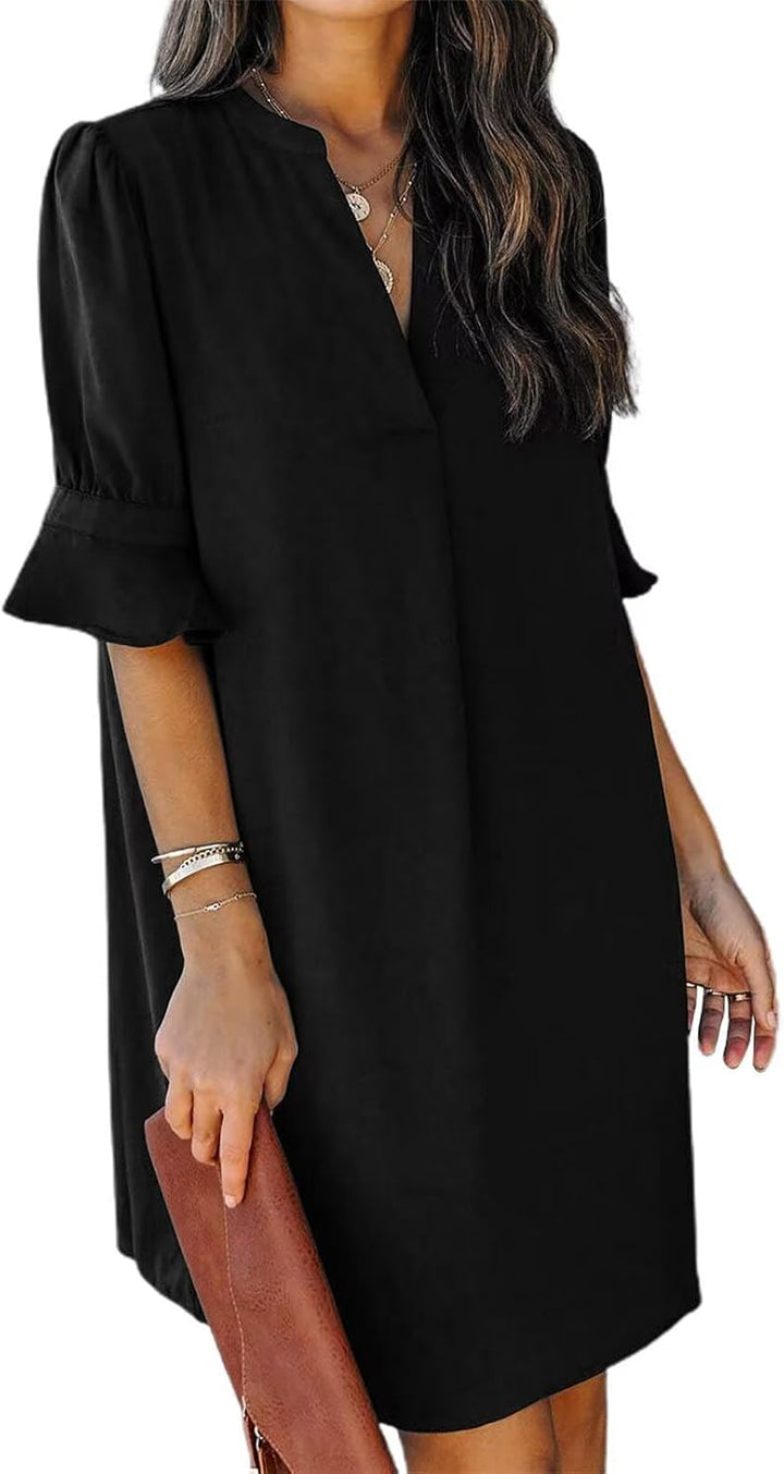 QACOHU Vestidos de verano para mujer, cuello en V, volantes, manga corta, vestido casual de estilo camisero