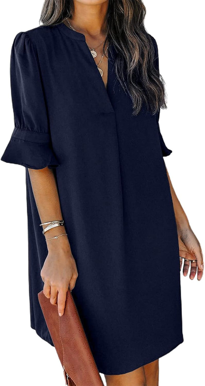 QACOHU Vestidos de verano para mujer, cuello en V, volantes, manga corta, vestido casual de estilo camisero