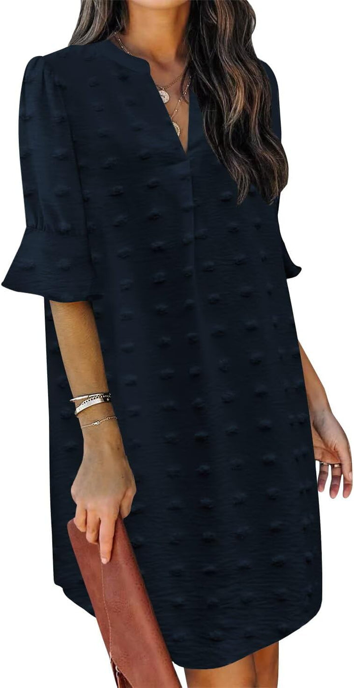 QACOHU Vestidos de verano para mujer, cuello en V, volantes, manga corta, vestido casual de estilo camisero