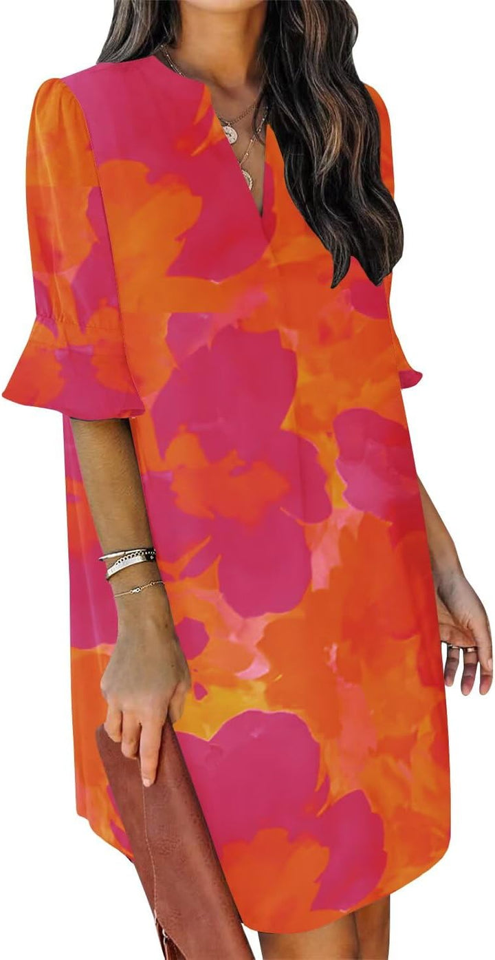 QACOHU Vestidos de verano para mujer, cuello en V, volantes, manga corta, vestido casual de estilo camisero