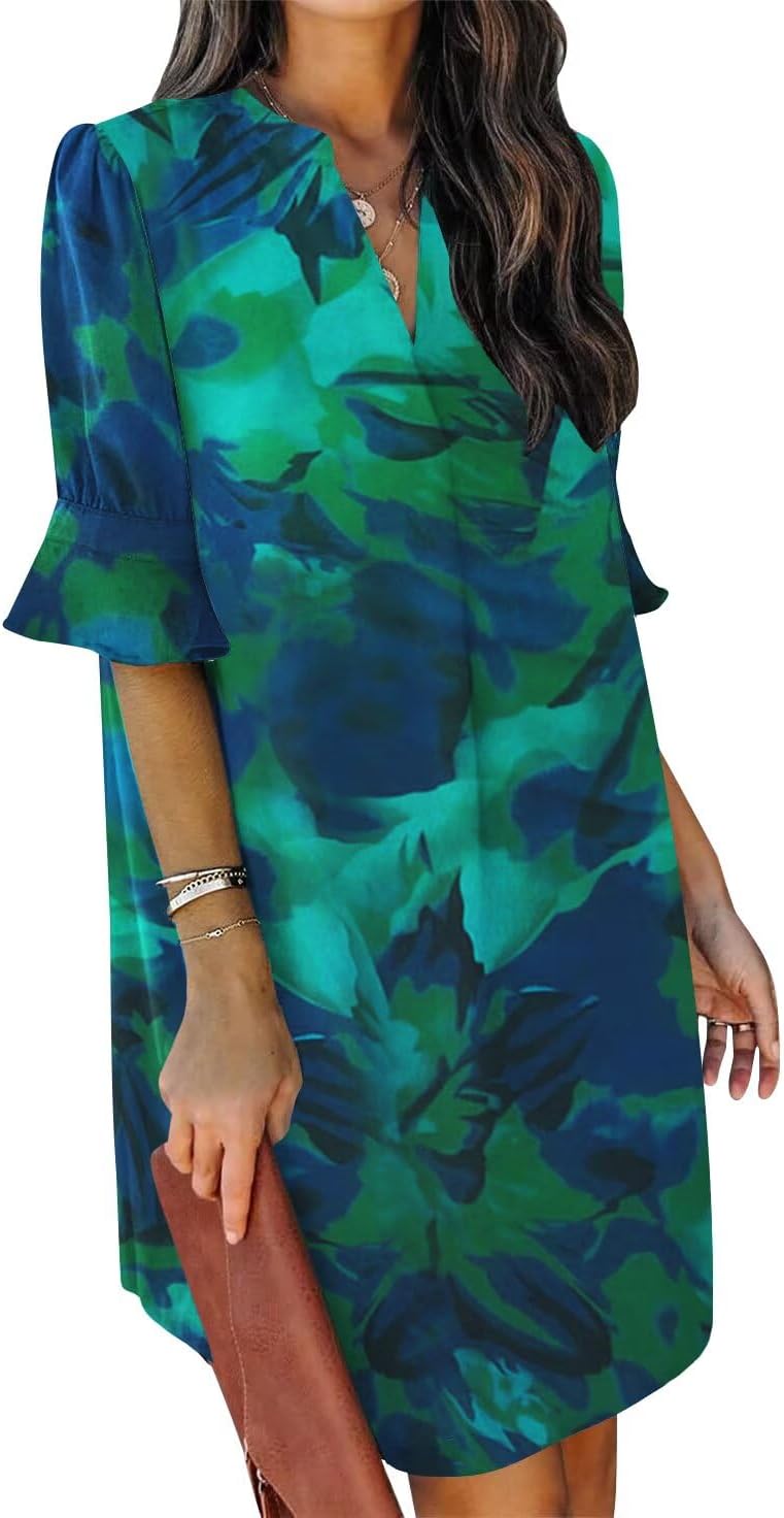 QACOHU Vestidos de verano para mujer, cuello en V, volantes, manga corta, vestido casual de estilo camisero