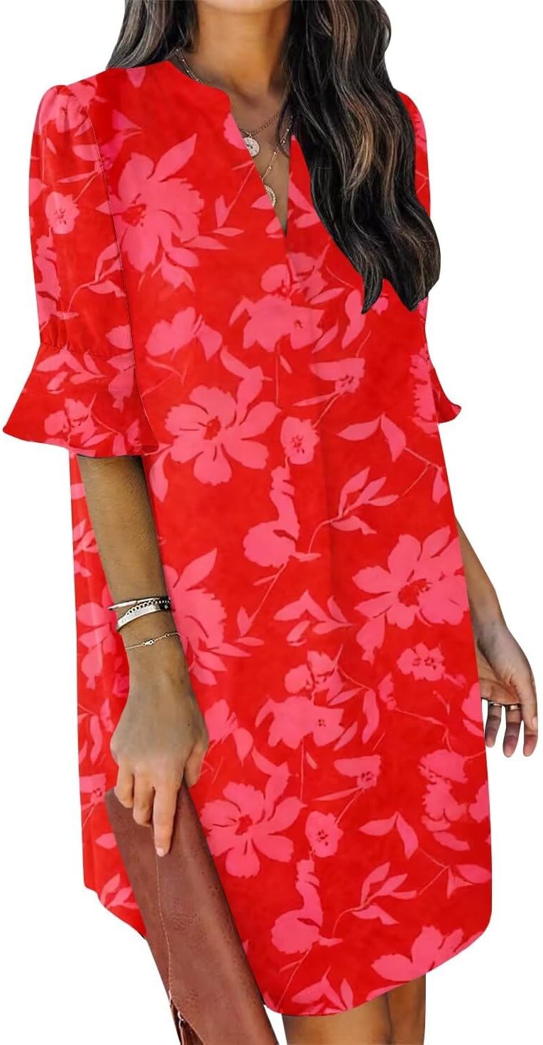 QACOHU Vestidos de verano para mujer, cuello en V, volantes, manga corta, vestido casual de estilo camisero