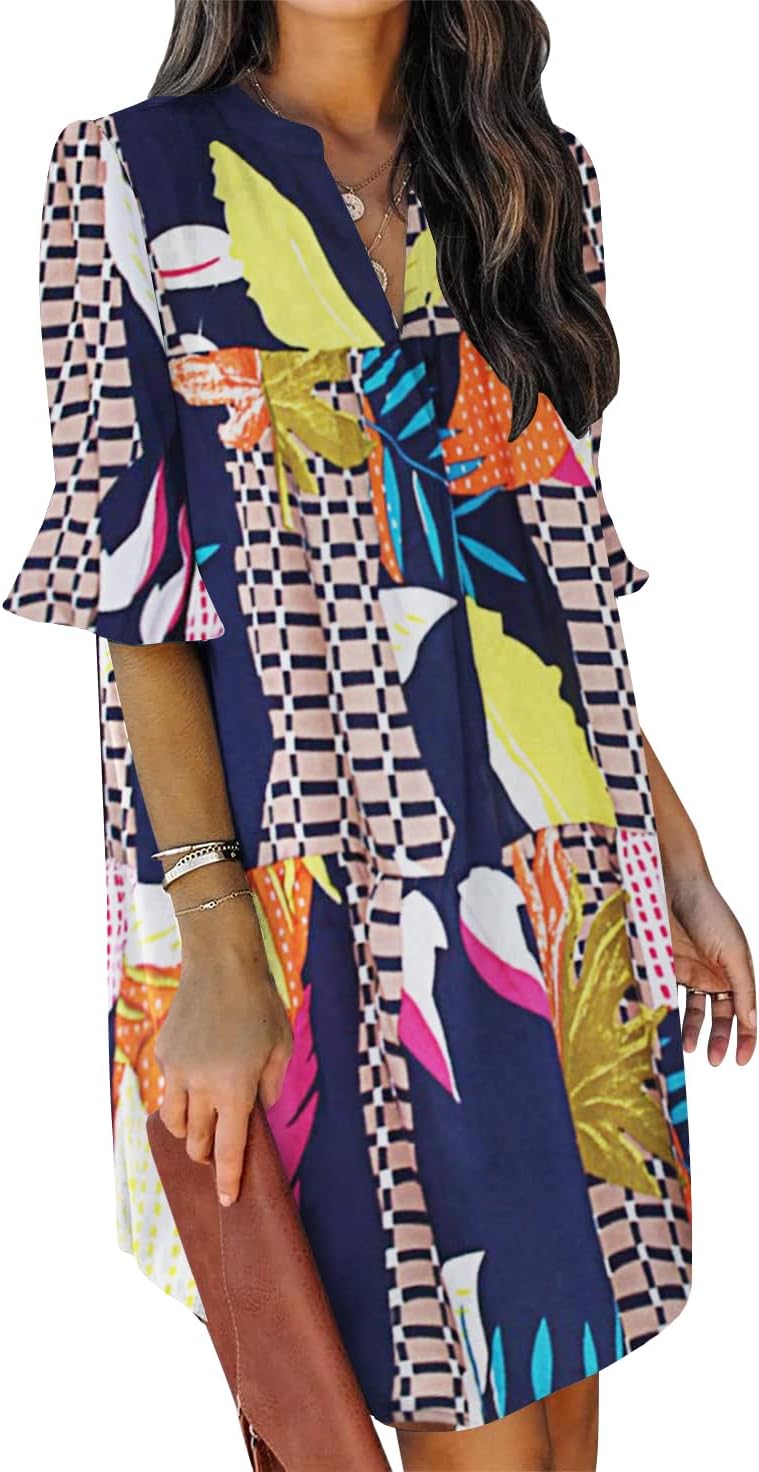 QACOHU Vestidos de verano para mujer, cuello en V, volantes, manga corta, vestido casual de estilo camisero