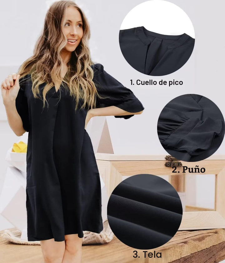 QACOHU Vestidos de verano para mujer, cuello en V, volantes, manga corta, vestido casual de estilo camisero