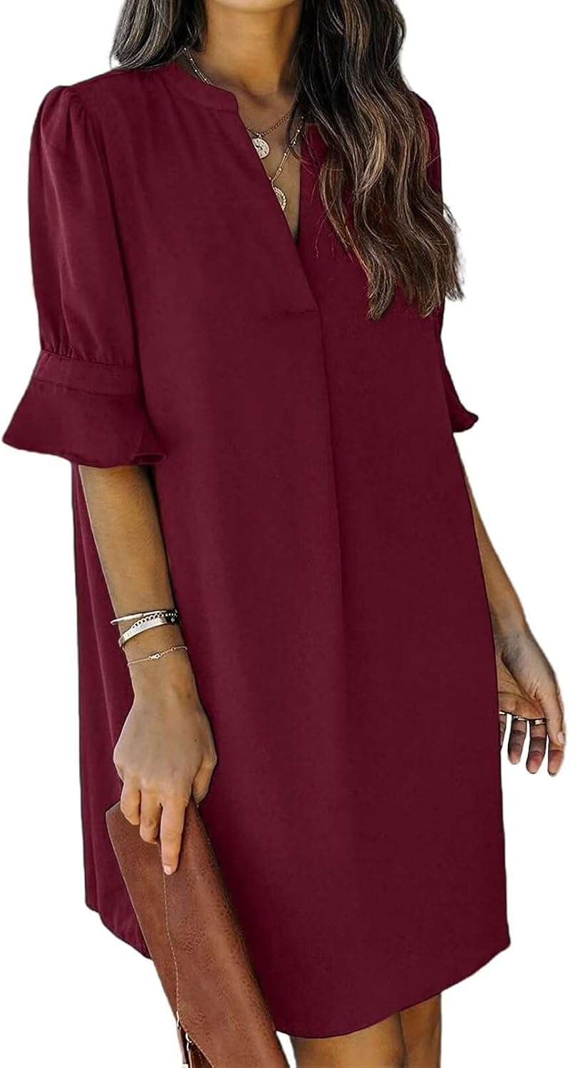 QACOHU Vestidos de verano para mujer, cuello en V, volantes, manga corta, vestido casual de estilo camisero