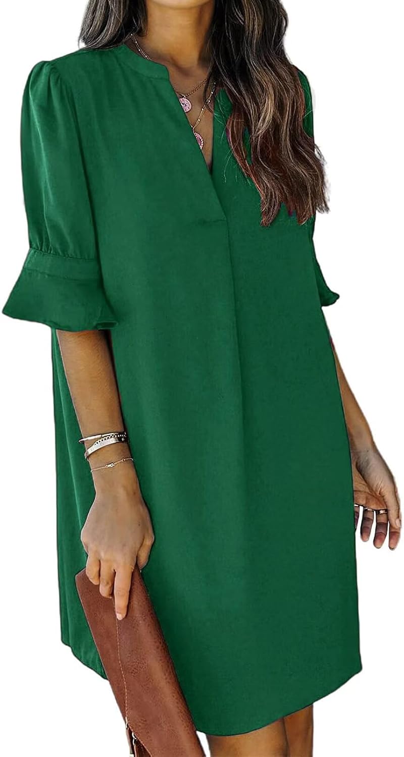QACOHU Vestidos de verano para mujer, cuello en V, volantes, manga corta, vestido casual de estilo camisero