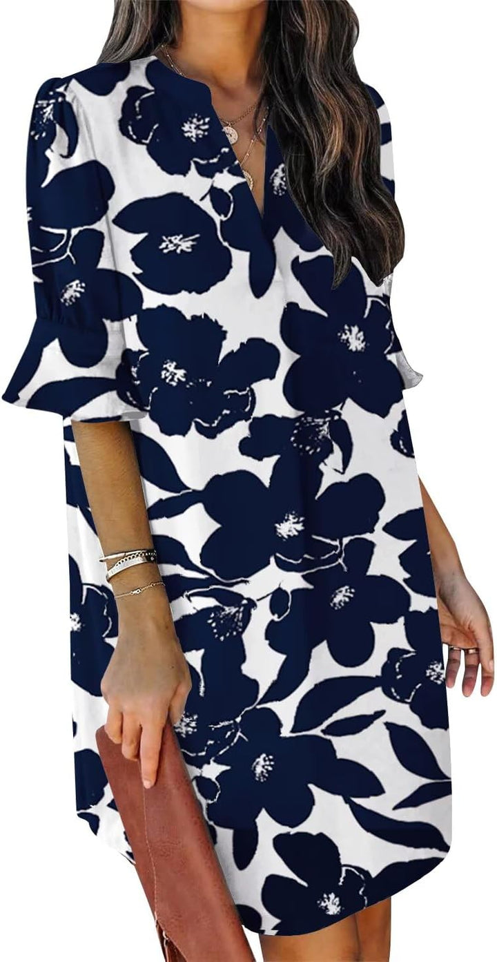 QACOHU Vestidos de verano para mujer, cuello en V, volantes, manga corta, vestido casual de estilo camisero