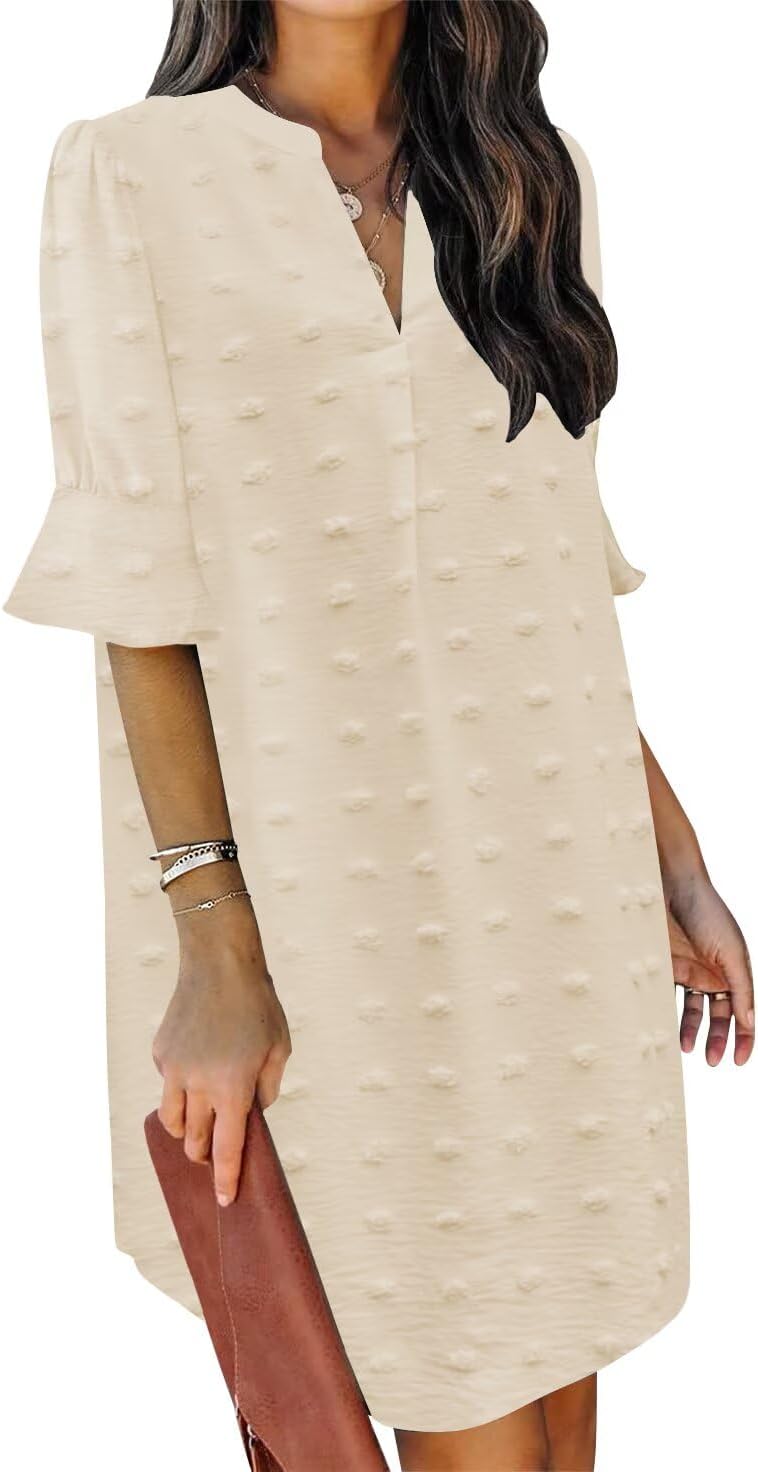QACOHU Vestidos de verano para mujer, cuello en V, volantes, manga corta, vestido casual de estilo camisero