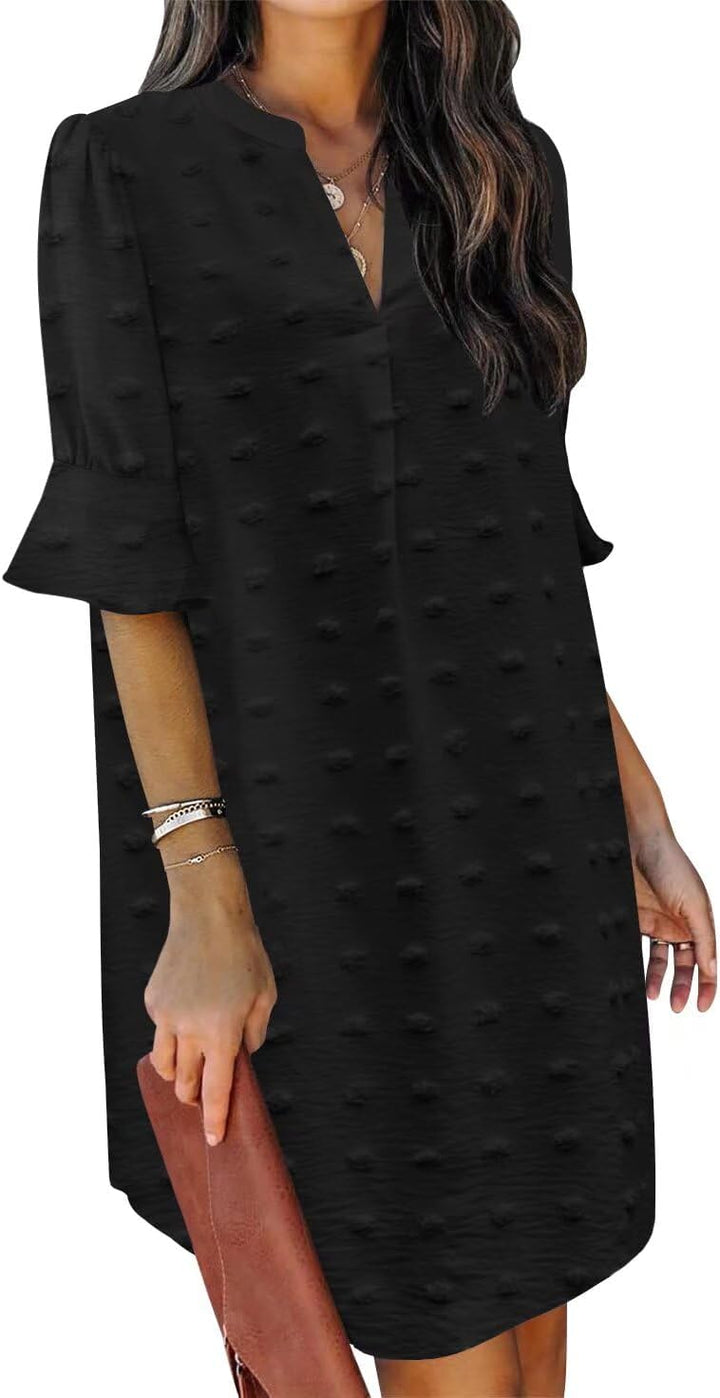 QACOHU Vestidos de verano para mujer, cuello en V, volantes, manga corta, vestido casual de estilo camisero
