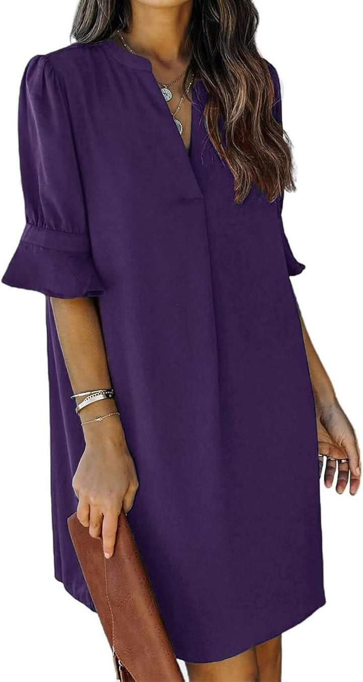 QACOHU Vestidos de verano para mujer, cuello en V, volantes, manga corta, vestido casual de estilo camisero