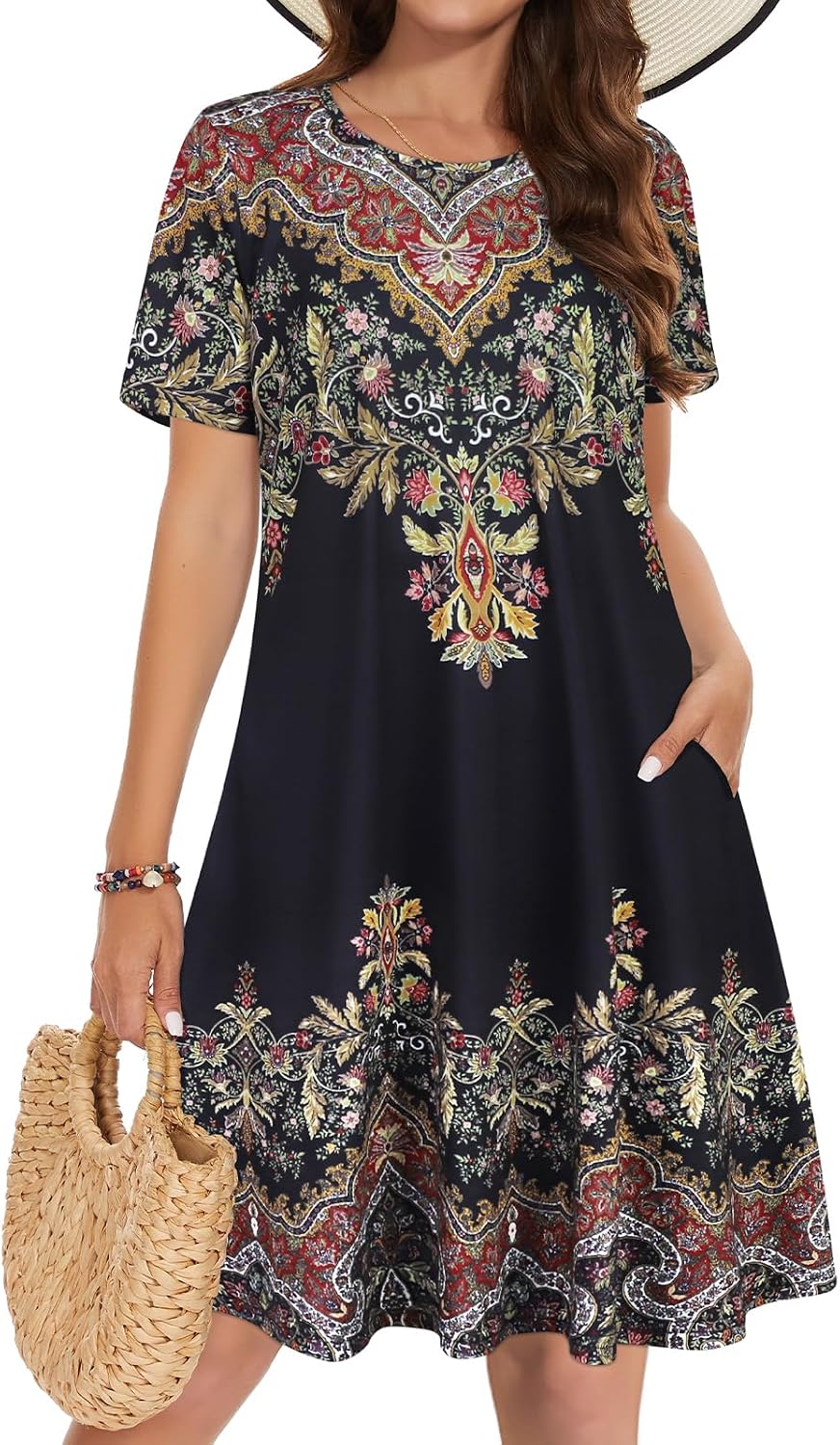 Vestidos de verano para mujeres casuales, camiseta de manga corta floral, vestido de sol de playa, cubiertas de playa con bolsillos