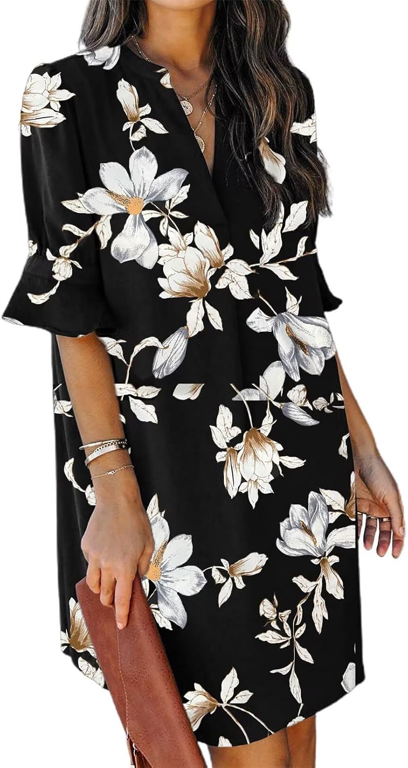 QACOHU Vestidos de verano para mujer, cuello en V, volantes, manga corta, vestido casual de estilo camisero