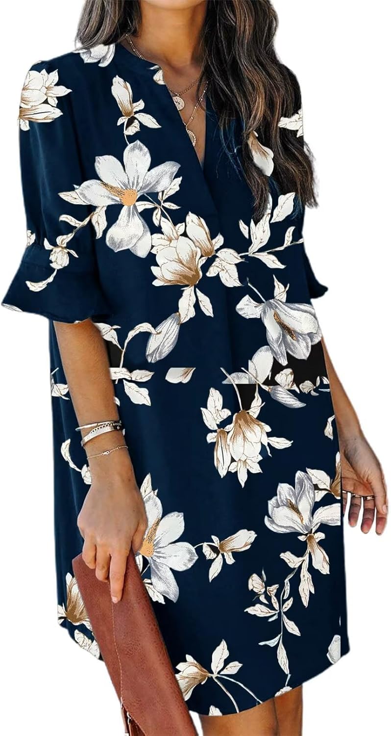 QACOHU Vestidos de verano para mujer, cuello en V, volantes, manga corta, vestido casual de estilo camisero