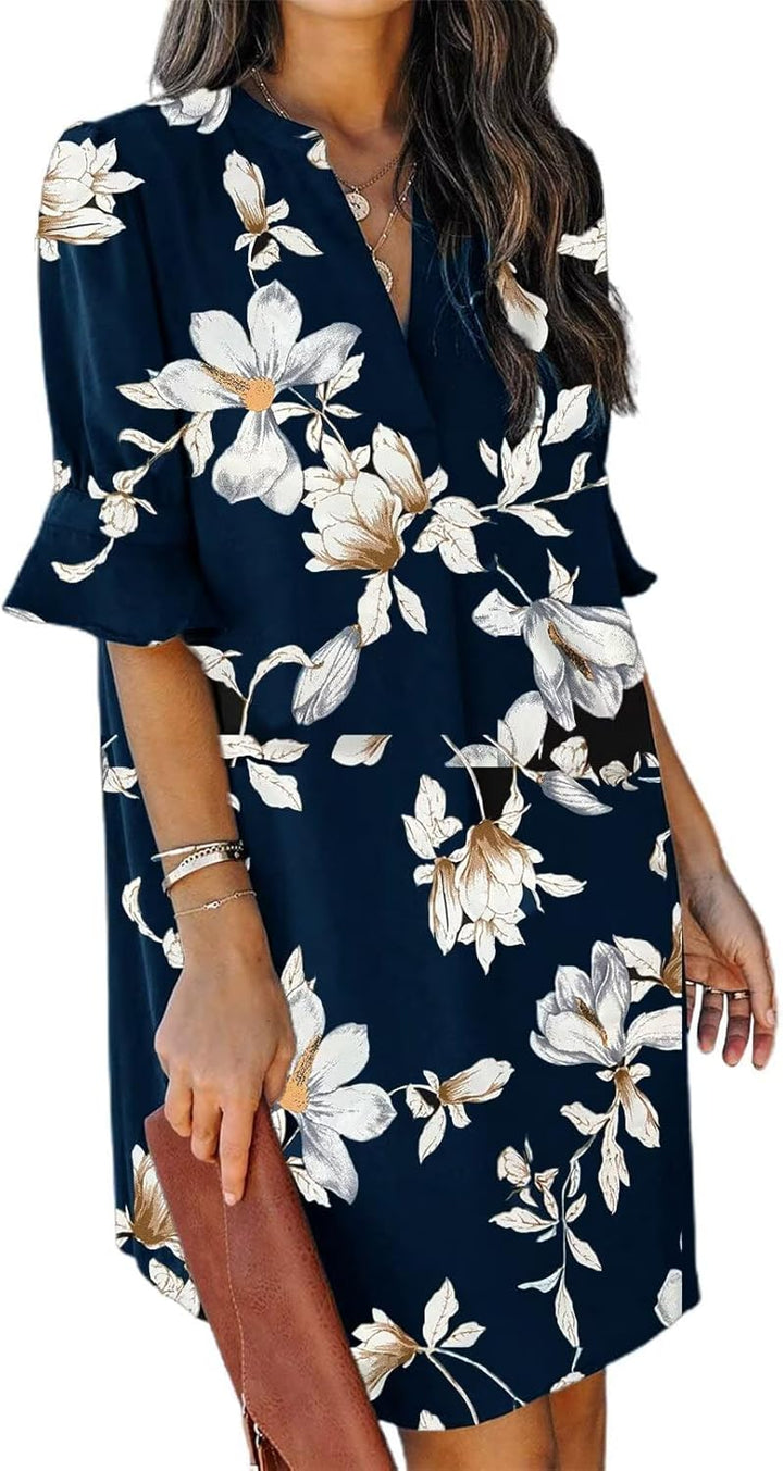 QACOHU Vestidos de verano para mujer, cuello en V, volantes, manga corta, vestido casual de estilo camisero