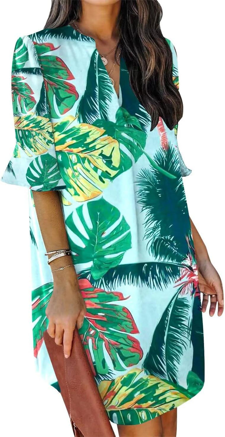 QACOHU Vestidos de verano para mujer, cuello en V, volantes, manga corta, vestido casual de estilo camisero