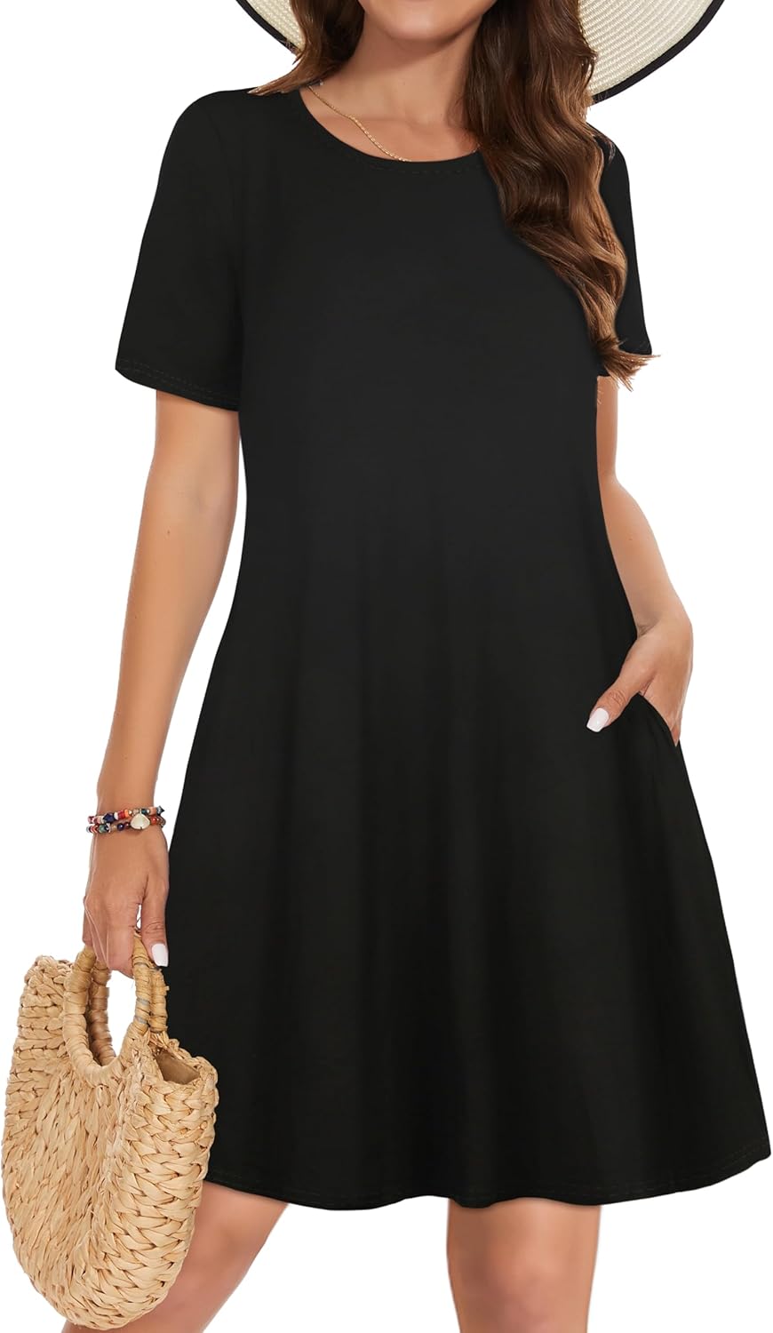 Vestidos de verano para mujeres casuales, camiseta de manga corta floral, vestido de sol de playa, cubiertas de playa con bolsillos