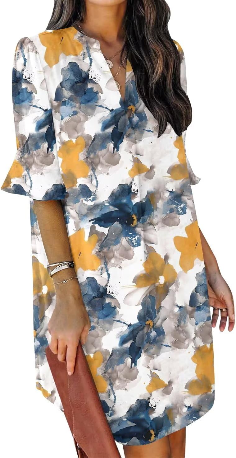 QACOHU Vestidos de verano para mujer, cuello en V, volantes, manga corta, vestido casual de estilo camisero